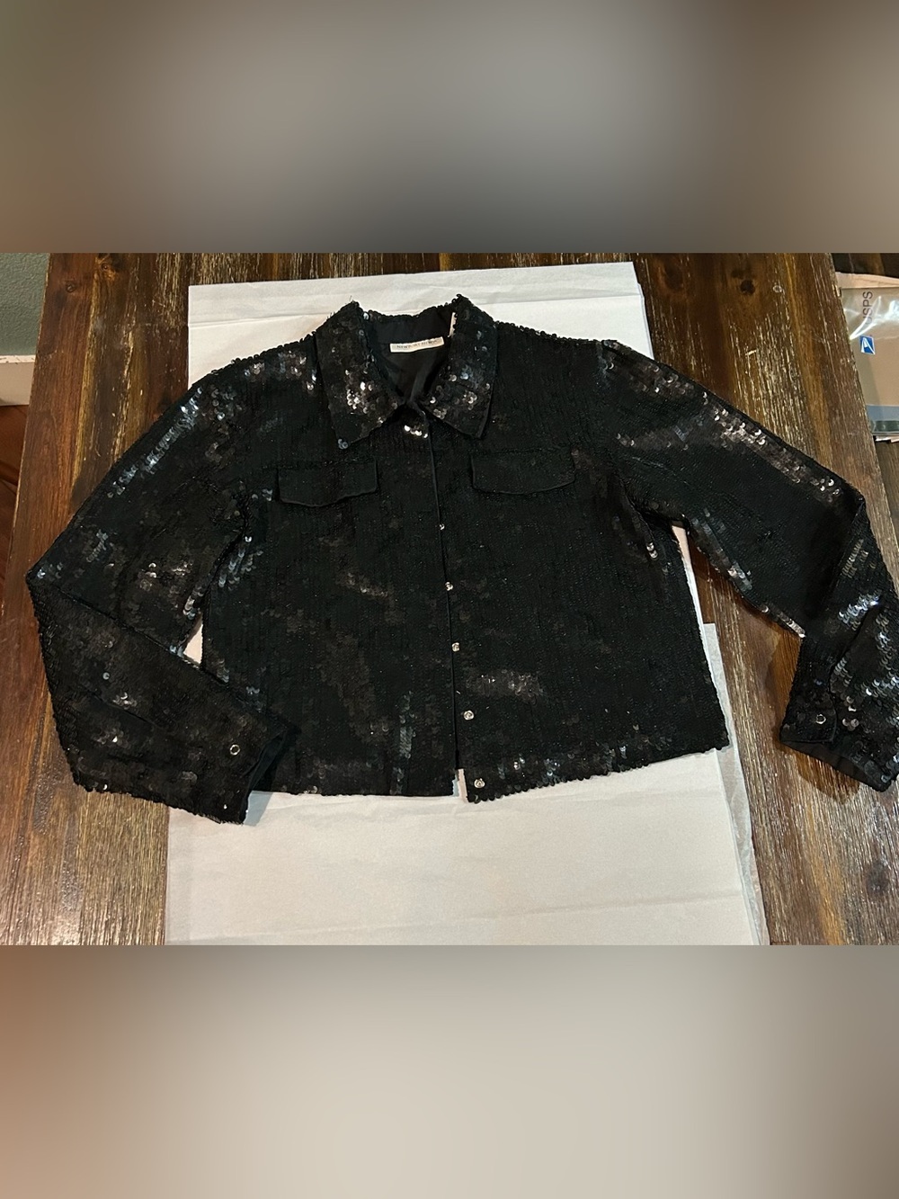 Newport News Jacket Crop Black Sequin Collared Snaps Flap Pockets Lined